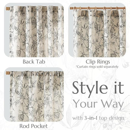jinchan Floral Curtains 108 Inch Length Black Flower Linen Farmhouse Curtain for Living Room French Country Vintage Curtain Rod Pocket Curtains Set 2 Panels Balck Floral Printed