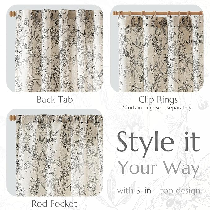 jinchan Floral Curtains 84 Inches Long Black Flower Linen Farmhouse Curtain for Living Room French Country Vintage Curtain Rod Pocket Curtains Set 2 Panels Balck Floral Printed