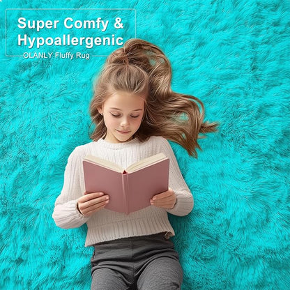 OLANLY 3x5 Machine Washable Small Bedside Rug, Soft Fluffy Shaggy Rugs for Living Room, Bedroom, Indoor Floor Carpet for Kids Girls and Boys, Preppy Dorms, Nursery, Home Decor Aesthetic, Teal Blue