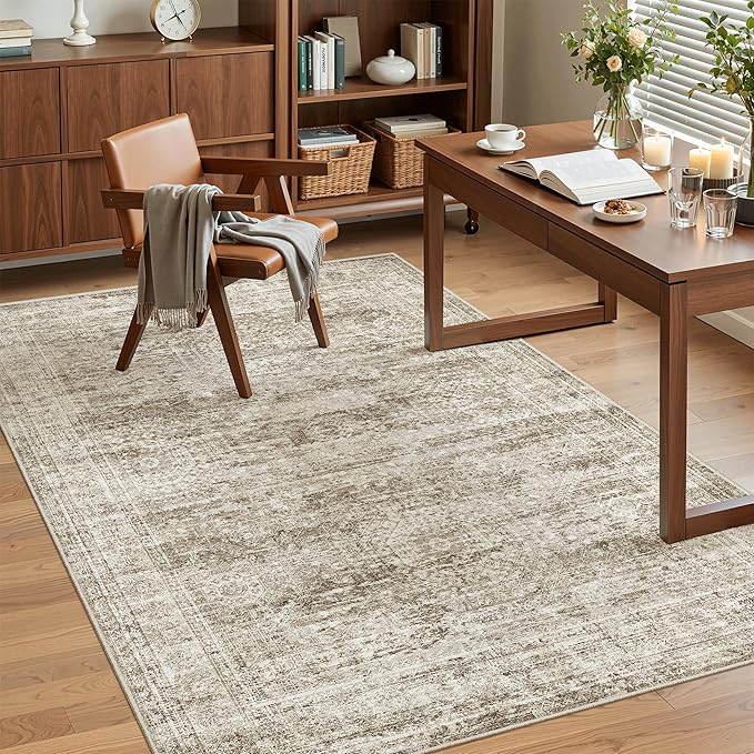 3x5 Rug, Small Area for Kitchen, Entryway, Machine Washable Non-Slip Throw Rug, Vintage Carpet for Nursery Coffee Table Brown