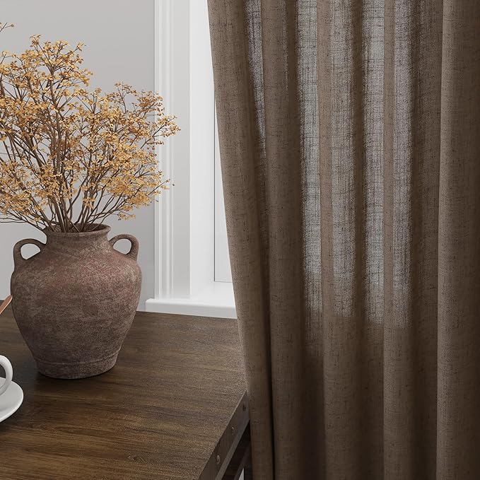 Light Brown Linen Curtains 90 Inch Length 2 Panels Set for Living Room Rod Pocket Back Tab Window Drapes Light Filtering Modern Farmhouse Curtain 90 Inches Long for Dining Room Bedroom 52x90