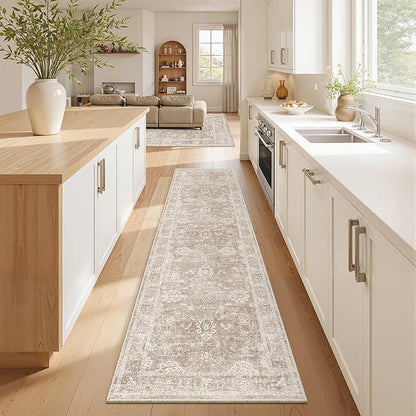 Madane Rug Runner for Hallways 2.5x8, Washable Kitchen Runner Rugs with Non Slip Backing, Soft Floral Print 2'6''x8 Carpet Runners for Laundry Room, Bedroom, Brown/Sand