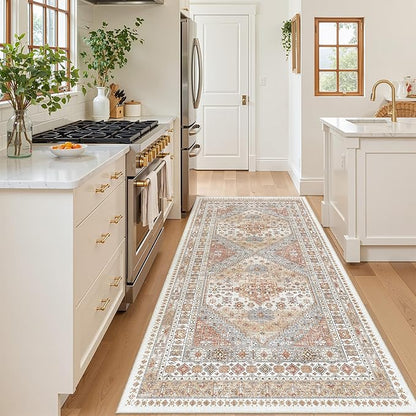4x8 Rug for Bedroom,Wide Runner Rug for Hallway, Non Slip Washable Runner Rug for Living Room, Low Pile Soft Entryway Kitchen Rug, Vintage Home Decor Mat for Dining Room(Orange,4'x8')