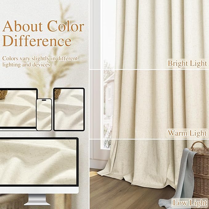 Guken 100% Blackout Curtains 120 Inch Length 2 Panels Set for Living Room Bedroom Back Tab Thermal Insulated Black Out Linen Drapes Room Darkening Window Curtains Warm Beige 52x120