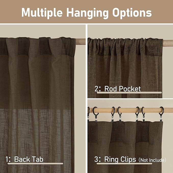 LAMIT Linen Curtains 48 Inch Length 2 Panels, Light Filtering Panels Back Tab and Rod Pocket Neutral Drapes for Kitchen/Window/Loft Room/Bedroom, 34 x 48 Inch, Dark Brown