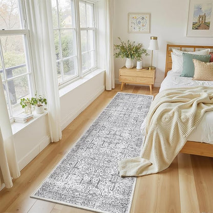 Washable 2x8 Runner Rug - Non Slip Vintage Kitchen Runner Rugs Low-Pile Distressed Long Rugs for Hallway Waterproof Indoor Carpet for Living Room Bedroom Entryway 2'x8' Grey