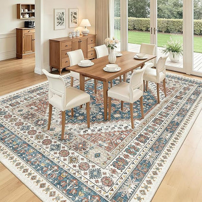 Madane Washable Rug 8x10 Area Rugs for Living Room, Ultra-Thin Non-Slip Backing Rug, Stain Resistant Vintage Large Area Rug for Bedroom (Navy Blue, 8'x10')