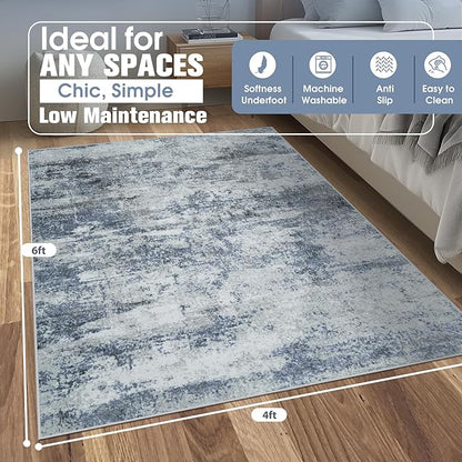 4x6 Area Rugs for Living Room Rug Washable: Abstract Rug for Dining Room Bedroom Carpet Non Slip 4 by 6 Indoor Modern Nursery Home Office Blue Grey