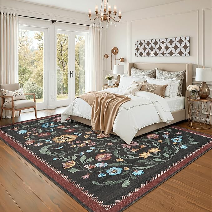 GarveeHome Washable Rug 4x6 Area Rugs for Living Room, Floral Rug for Bedroom, Soft Boho Non Slip Throw Rugs with Rubber Back, Low Pile Stain Resistant Vintage Floral Carpet for Dining Room, Red