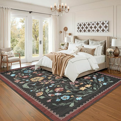 GarveeHome Washable Rug 8x10 Area Rugs for Living Room, Floral Rug for Bedroom, Soft Vintage Non Slip Throw Rugs with Rubber Back, Low Pile Stain Resistant Boho Floral Carpet for Dining Room, Red