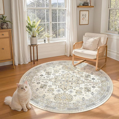 zesthome Washable Round Rug - 5ft Ultra-Thin Circle Area Rugs, Vintage Non-Slip Low Pile Rug for Living Room, Stain Resistant Rug for Bedroom, Entryway, Kitchen, Nursery