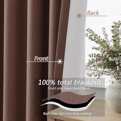 Guken 100% Blackout Curtains 96 Inch Length 2 Panels Set for Living Room Bedroom Back Tab Thermal Insulated Black Out Linen Drapes Room Darkening Cappuccino,52x96