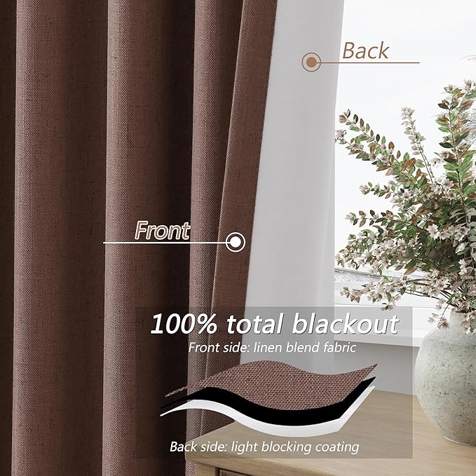 Guken 100% Blackout Curtains 90 Inch Length 2 Panels Set for Living Room Bedroom Back Tab Thermal Insulated Black Out Linen Drapes Room Darkening Cappuccino,52x90