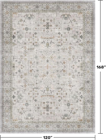Hazo Haus Boho Light Grey Living Room Rug 10x14 - Modern Vintage Eclectic Floral Pastel Neutral Taupe, Washable Low Pile Non-Slip Extra Large Area Rugs for Dining Under Table Bedroom Lounge