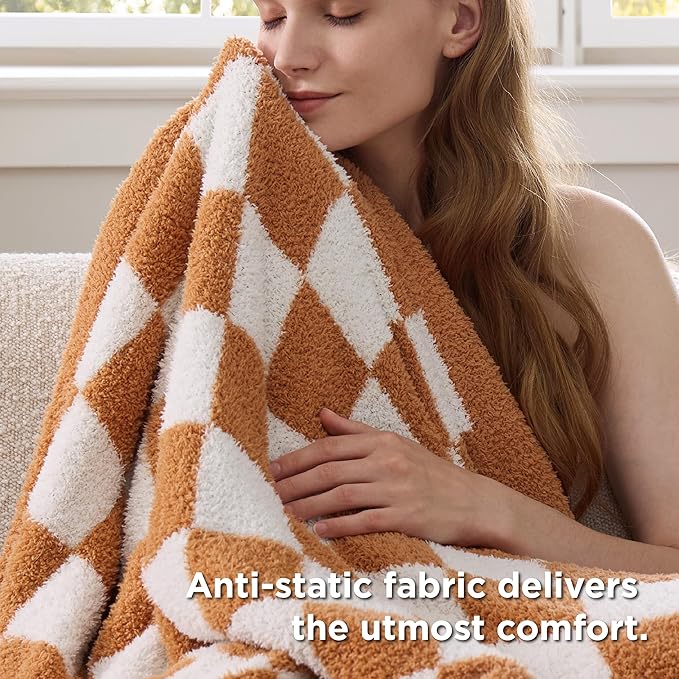 Bedsure GentleSoft Checkered Throw Blanket for Couch - Super Soft Cozy & Warm Knit Burnt Orange Blanket, Breathable, Lightweight & Fluffy Plaid Blankets for Bed, Sofa, Gifts for Women, 50x60 Inches