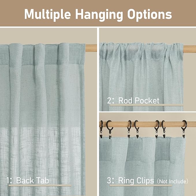 LAMIT Semi Sheer Linen Curtains 54 Inch Length 2 Panels, Greyish Blue Light Filtering Panels Back Tab and Rod Pocket Neutral Drapes for Kitchen/Window/Dining Room, 52 x 54 Inch