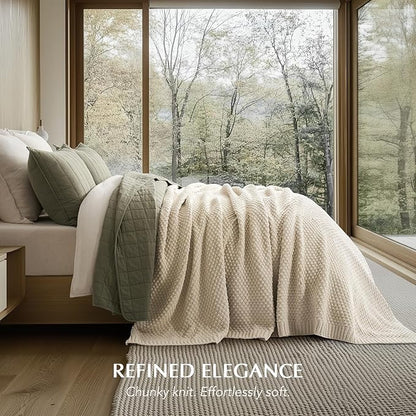 EVERGRACEHOME Chunky Chenille Knit Throw Blanket for Couch, Soft Luxurious Oversized King Moss Stitch Blanket for Bed, Large Cozy Farmhouse Knitted Throw for Sofa, Beige, 92" x 108"