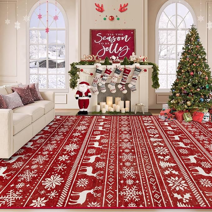 Christmas Rug 8x10 Washable Rugs, Boho Christmas Tree Snowflake Rug Non-Slip Soft Low Pile Non Shedding Indoor Holiday Carpet for Living Room Bedroom Dining Room Home Office (XmasRed, 8'x10')