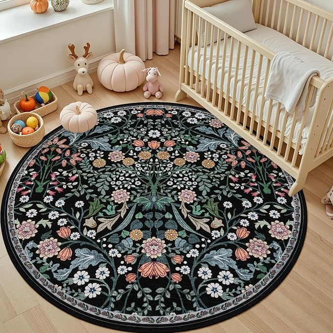 Round Area Rug for Living Room: 6 ft Floral Washable Circle Rug Soft Boho Non-Slip Carpet Indoor Stain Resistant Low Pile Small Circular Rug for Bedroom Entryway Kitchen Nursery Home Office Dark Black