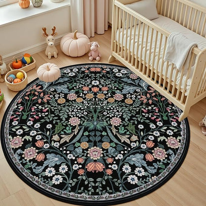 Round Area Rug for Living Room: 6 ft Floral Washable Circle Rug Soft Boho Non-Slip Carpet Indoor Stain Resistant Low Pile Small Circular Rug for Bedroom Entryway Kitchen Nursery Home Office Dark Black