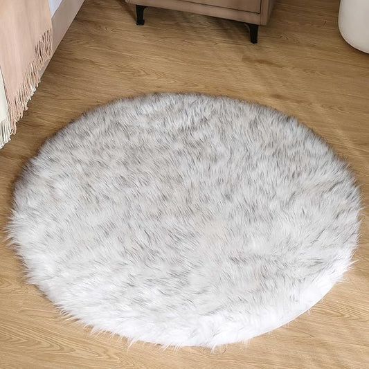 Goolela Round Fluffy Rug 3ft White with Grey Tips Circle Faux Sheepskin Fur Rug for Bedroom Living Room Fuzzy Furry Small Décor Washable