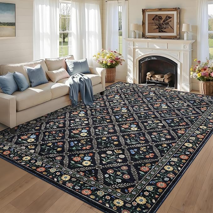 GarveeHome Grey Floral Rug 4x6 Rug Machine Washable Area Rug for Living Room Farmhouse Floral Low Pile for Dining Room, Bedroom Indoor Foldable Non-Slip Navy&Black RV