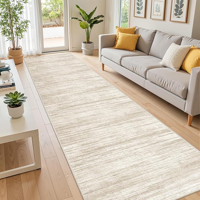 2x12 Runner Rug, Long Hallway Rugs for Dining Room, Living Room, Bedroom, Machine Washable Kitchen Carpet Runner with Rubber Backing, Soft Low Pile Indoor Rug(2'x12', Brown/Beige)