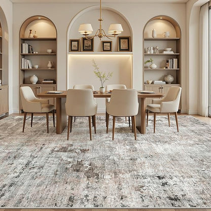 10x14 Area Rugs for Living Room, Non Slip Machine Washable Vintage Rugs, Low Pile Lightweight Large Rug for Bedroom, Dining Room, Home Office Pink/Grey
