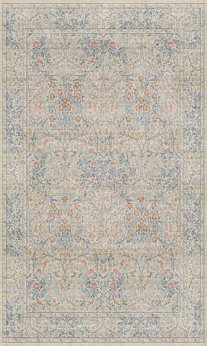3x5 Washable Area Rug for Bedroom Beside Bed Mat, Large Kitchen, Entryway Rug Indoor - Ultra Soft Vintage Floral Beige Blue Decor Non-Slip Low Pile Stain Resistance