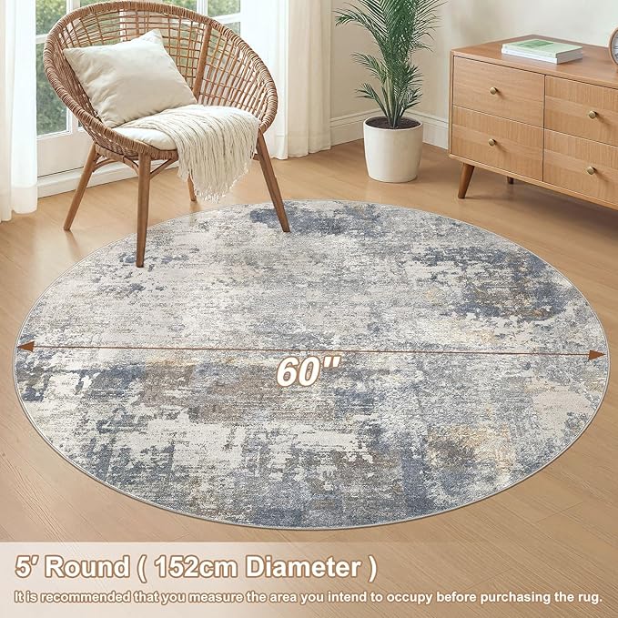 UERMEI 5ft Round Area Rug Living Room Rugs - 5x5 Washable Neutral Modern Abstract Soft Thin Rug Indoor Floor No Slip Rug Carpet for Bedroom Under Dining Table Home Office Decor - Blue Grey