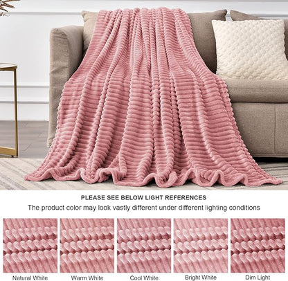BEDELITE Fleece Throw Blanket for Couch – 3D Ribbed Jacquard Soft and Warm Decorative Fuzzy Blanket – Cozy, Fluffy, Plush Lightweight Dusty Pink Throw Blankets for Bed, Sofa, 84x90 inches