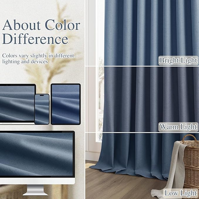 Guken 100% Blackout Curtains 108 Inch Length 2 Panels Set for Living Room Bedroom Back Tab Thermal Insulated Black Out Linen Drapes Room Darkening Window Curtains 108 Inches Long,Denim Blue