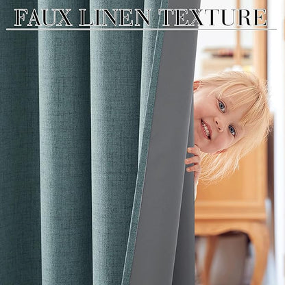 RYB HOME 100% Blackout Linen Textured Curtains 90 inches Long, Thermal Insulating Privacy Energy Saving for Bedroom Living Room Window Office Theater Baby Nursery, W 52 x L 90 in, Misty Blue, 2 Pcs