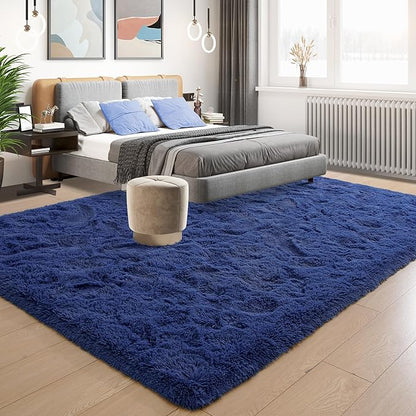 Tepook Fluffy Large Rugs for Living Room, Shag Area Rug 6x9 Soft Carpet for Bedroom, Modern Shaggy Rug for Kids Boys Girls, Plush Indoor Nursery Home Decor Rug with Non-Slip Bottom, Navy, 6 X 9 Feet