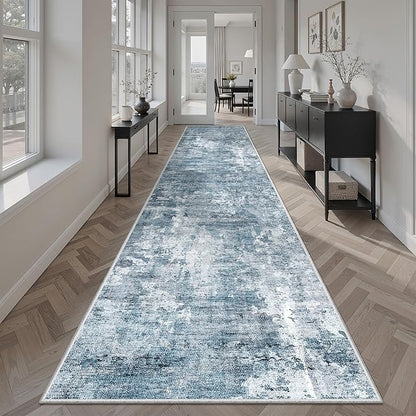 Runner Rug 2'6" x 12' Washable Non-Slip 2.5x12 ft Long Runner Rugs for Kitchen Bathroom Laundry Room Vintage Ultra Thin Runners for Hallway Entryway Blue/Grey