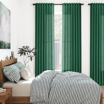 Dark Green Linen Curtains 90 Inch Long 2 Panels Set for Bedroom Living Room Emerald Green Linen Textured Window Drapes Semi Sheer Light Filtering Rod Pocket Back Tab Farmhouse Curtain 52x90