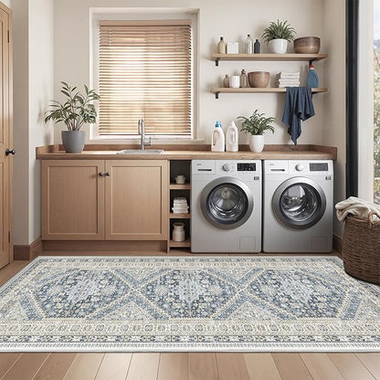 3x10 Runner Rug Non Slip Washable for Entryway, Front Porch, Vintage Hallway Runner for Laundry Room, Bedroom, Stain Resistant Thin Indoor Kitchen Mats for Floor(Blue/Beige,3'x10')