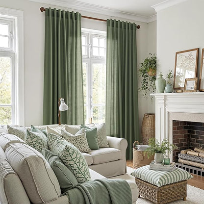 Nanspring Forest Green Linen Curtains for Living Room 90 Inches Long Light Filtering Semi Sheer Curtain Back Tab and Rod Pocket Wabi Sabi Boho Decor Luxury Drapes for Bedroom Office 52x90, 2 Panels