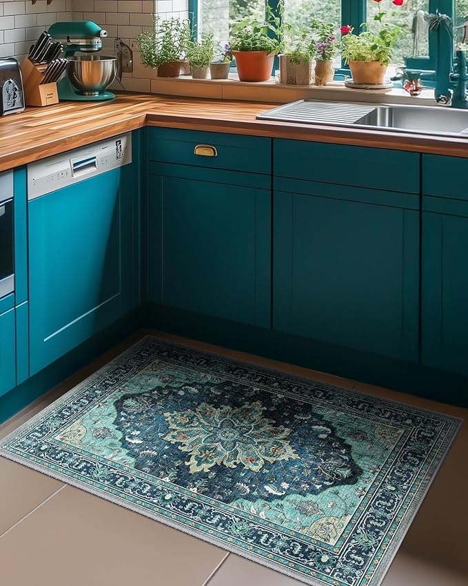 RELEANY Area Rugs 2'x4' Kitchen Rugs Entry Rug Small Rugs for Entryway Kitchen Bathroom Door Mat Indoor Entrance,Washable Non Slip, Teal Green Lake Blue Turquoise