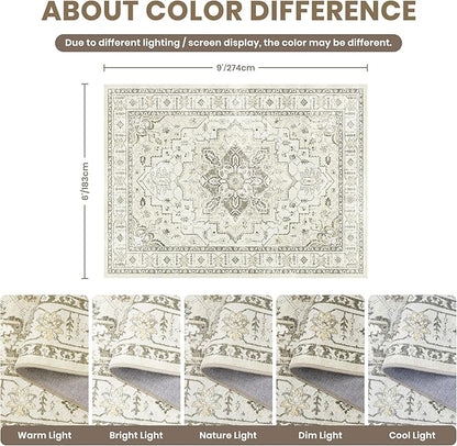 zesthome Washable Rug 6x9 Area Rugs,Stain Resistant Rugs for Living Room,Bedroom,Non-Slip Backing Home Decor Rug, Vintage Medallion Pattern Rugs (Beige,6'x9')