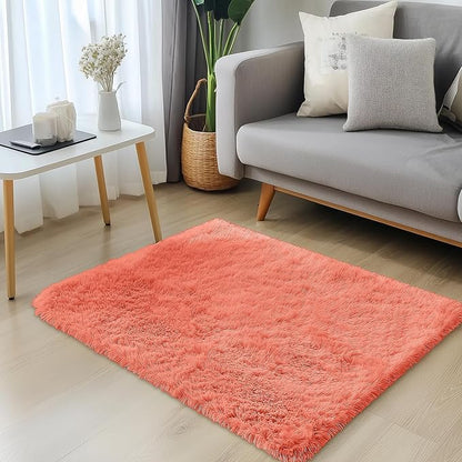 OLANLY 2x3 Machine Washable Small Bedside Rug, Soft Fluffy Shaggy Entryway Throw Rugs for Bedroom, Living Room, Indoor Floor Carpet for Kids Girls and Boys, Home Decor Aesthetic, Coral Red