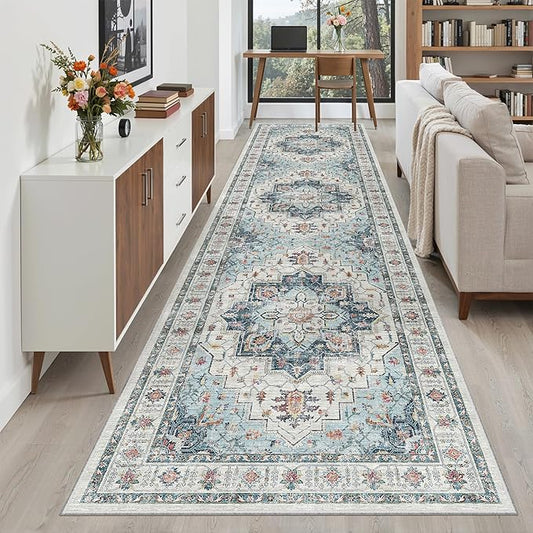 Madane 3x12 Hallway Runner Rug - Non Slip Washable 12ft Runner for Hallways Soft Vintage Kitchen Rugs Low-Pile Carpet Runner for Entryway Bathroom Thin Floor Mat for Bedroom Dining Room, Blue