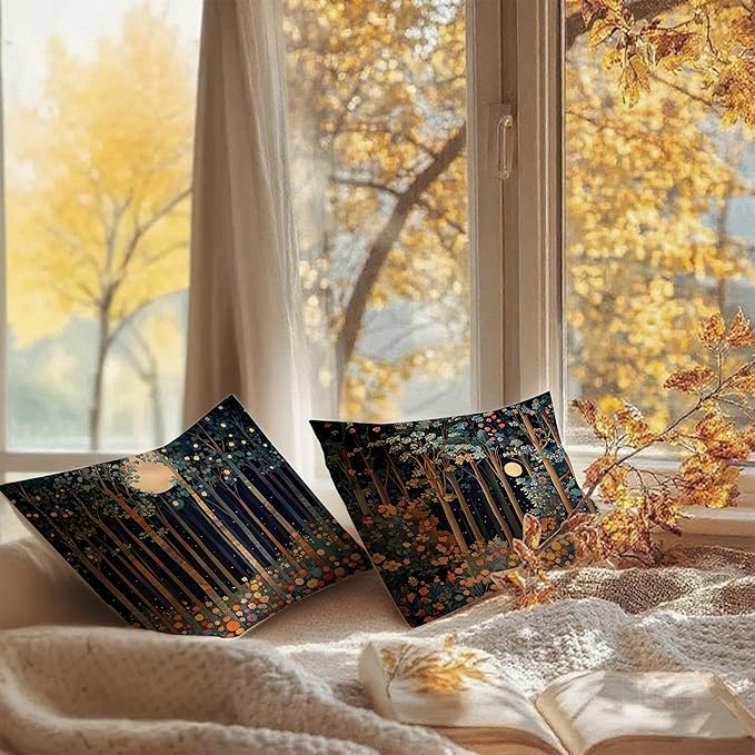 Vintage William Morris Moon Inspired Forest Decor Throw Pillow Covers 18x18 Set of 2,Rustic Botanical Nature Decorative Throw Pillow Covers for Home Bedroom Living Room
