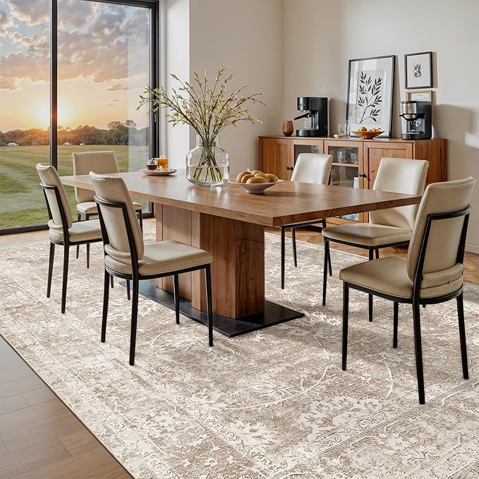 Madane 8x10 Area Rugs for Living Room, Machine Washable Vintage Rug with Non-Slip Backing, Soft Floral Print Large Throw Rugs, Thin Carpet for Bedroom Dining Room Farmhouse (8 x 10, Brown/Sand)