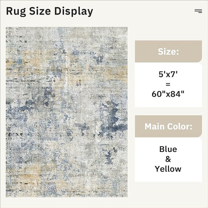 Abstract Rug 5x7 Machine Washable Area Indoor Blue Yellow Low Pile Non-Slip Foldable Thin Accent Rugs for Bedroom Living Room Dining Room