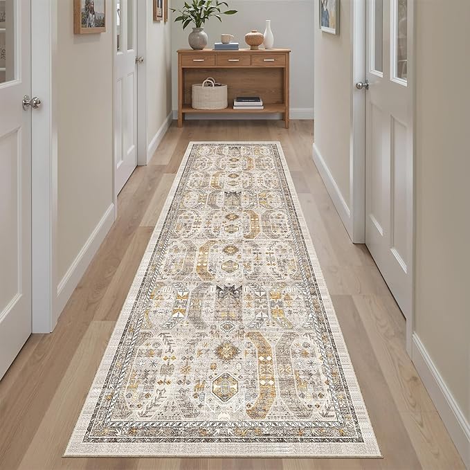 Madane Runner Rug 2x8, Washable Hallway Runner Rugs, Non-Slip Low-Pile Soft Kitchen Rug Runner Laundry Room Rug, Vintage Throw Entry Foyer Mat for Entrance Living Room (Brown/Gold, 2 x 8)