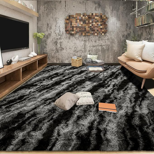 Tepook Fluffy Large Rugs for Living Room, Shag Area Rug 6x9 Soft Carpet for Bedroom, Modern Shaggy Rug for Kids Boys Girls, Plush Indoor Nursery Home Decor Rug with Non-Slip Bottom, Black Grey