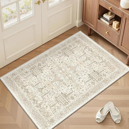 Washable 2x3 Entryway Area Rug - Small Non Slip Vintage Kitchen Runner Rugs Indoor Entrance Soft Neutral Stain Resistant Bathroom Mat Farmhouse Carpet for Bedroom Living Room Entry Laundry 2'x3' Beige