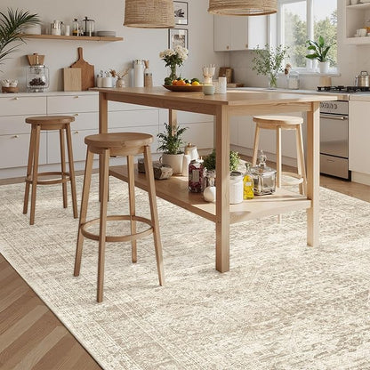 9x12 Area Rugs for Living Room, Non Slip Machine Washable Vintage Rugs, Low Pile Lightweight Large Rug for Bedroom, Dining Room, Home Office Beige
