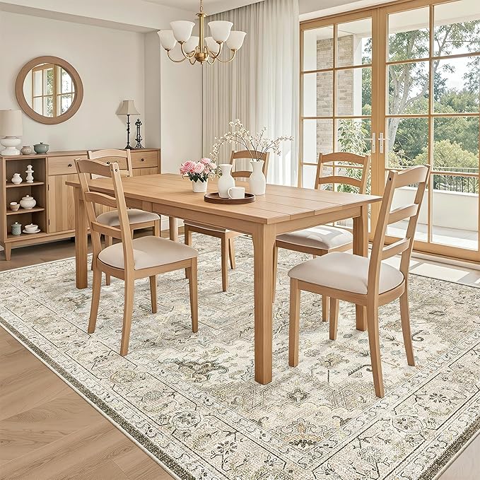 Madane 6x9 Area Rugs for Living Room, Stain Resistant Washable Rugs, Non-Slip Backing Area Rug, Vintage Home Decor Rug for Bedroom (Ivory/Brown, 6'x9')